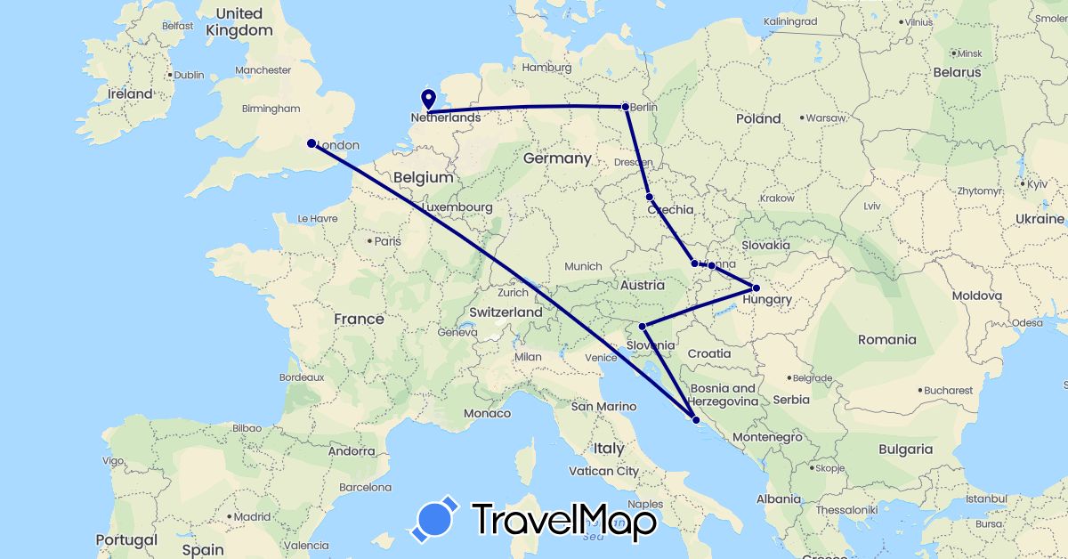 TravelMap itinerary: driving in Austria, Czech Republic, Germany, United Kingdom, Croatia, Hungary, Netherlands, Slovenia, Slovakia (Europe)